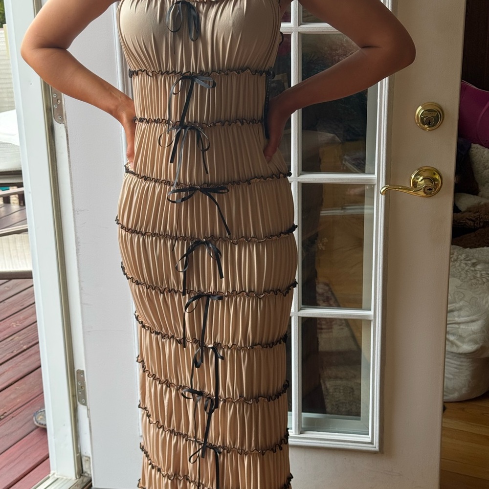 Elegant Tan Dress with Black Accents